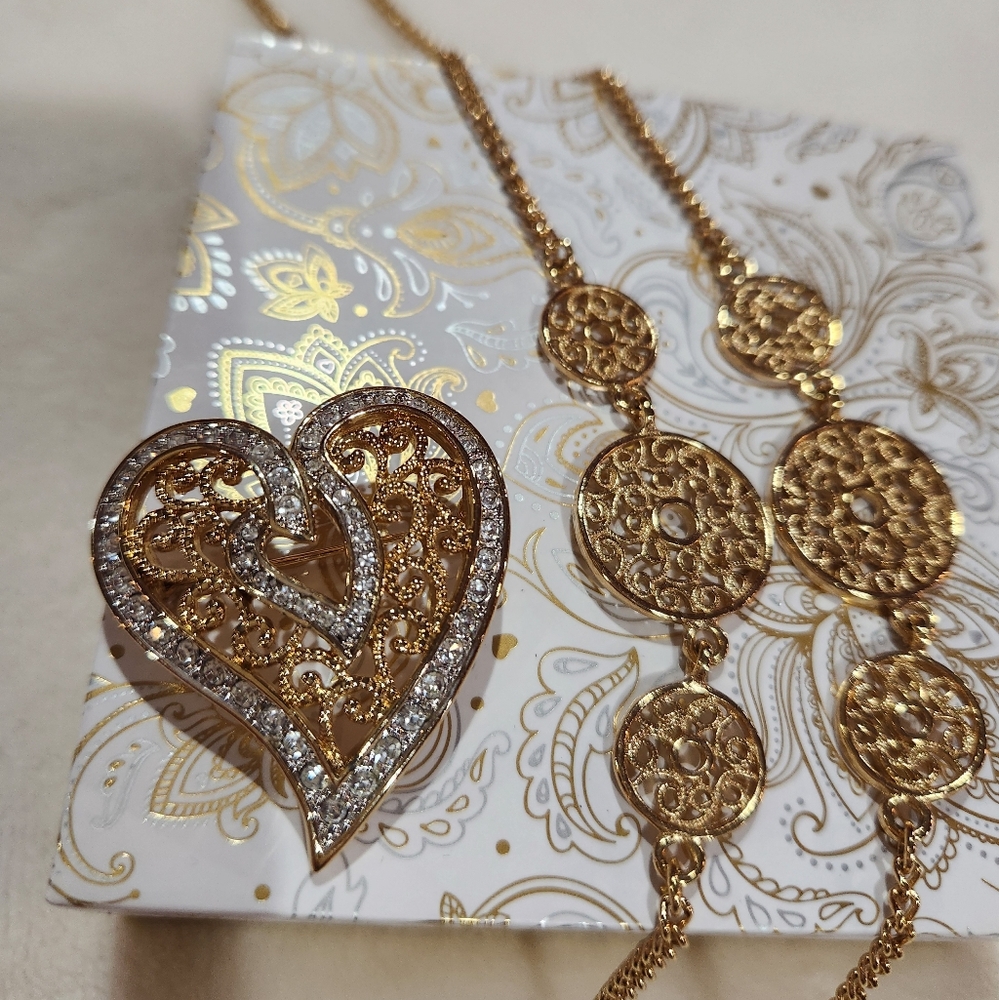 Brooch & Necklace Bundle: Gold Tone & Rhinestone Heart Brooch & Necklace
